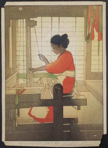*BERTHA LUM ORIGINAL WOODBLOCK PRINT: Bertha Lum (1879-1954 American), Japanese interior with woman weaving, unframed colored woodblock print, signed in pencil lower right, dated 1924 bottom center, approximately 12 1/8" x 9".