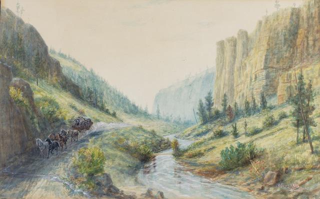 *ROBERT SWAIM ORIGINAL WATERCOLOR PAINTING: Robert Swaim (1848-1918 American), stagecoach in landscape, unframed watercolor, signed and dated 1902 lower right, approximately 13 3/8" x 20 3/4".