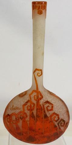*CHARDER ART GLASS VASE: White with orange decoration, signed by artist and marked "France", approximate height 17 5/8".