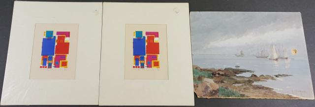 *3 UNFRAMED PIECES: 1 oil on board depicting seascape by Alice Preble de Haas, approximately 10 3/4" x 14 5/8", and 2 serigraphs by unknown artist depicting geometric figures, both numbered from edition of 110, 7" x 5 1/