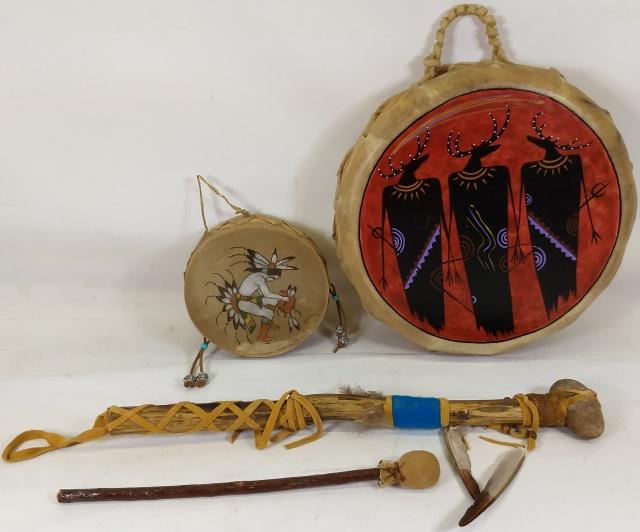 *3 PIECES: 2 drums and 1 contemporary war club, approximate length 20 1/2".