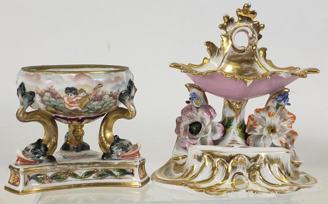 *2 PIECES OF PORCELAIN: Capodimonte footed bowl and porcelain jewelry holder, approximate height 5 1/2".