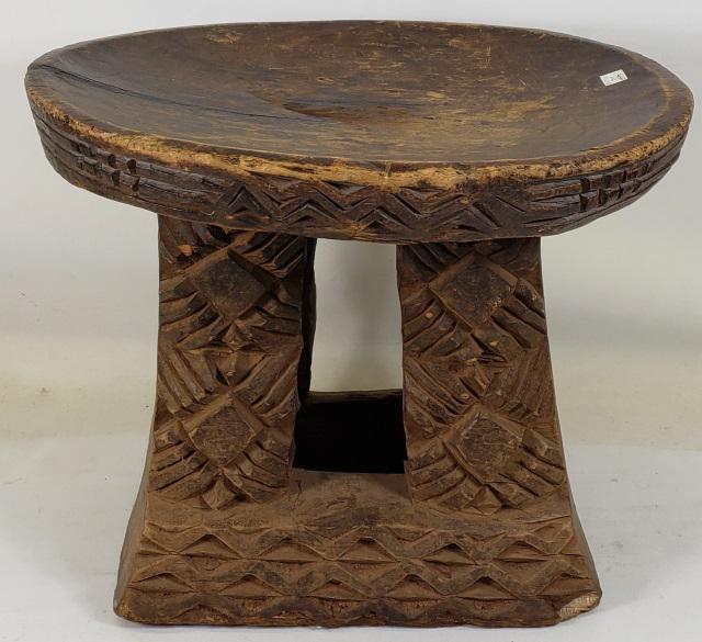 AFRICAN CARVED WOOD STOOL: Approximate height 14 1/4", length 17 1/2", width 15 1/4".