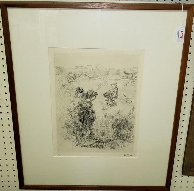 *HANS BELLMER ORIGINAL ETCHING: Hans Bellmer (1902-1975 German), surreal landscape, framed etching, signed lower right, numbered 34/100 lower left, approximately 15 3/8" x 11 1/2", with frame 28" x 24".