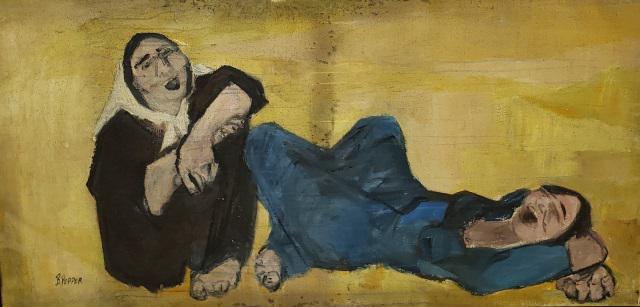 *BEVERLY PEPPER ORIGINAL OIL PAINTING: Beverly Pepper (1922- American), "Songs at Noon, Spain 1955", framed oil on canvas, signed lower left, titled, signed, and dated on verso, approximately 19 1/2" x 39", with frame 26 1/2" x 46 1/2".