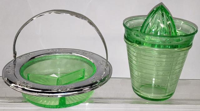 *2 PIECES OF GREEN DEPRESSION GLASS: Reamer with measuring cup and a divided bowl with silverplate rim.