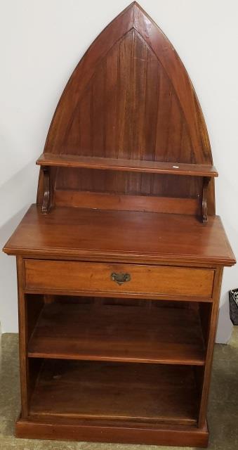 *GOTHIC STYLE HALL STAND: Having open shelf over single drawer and shelves below.