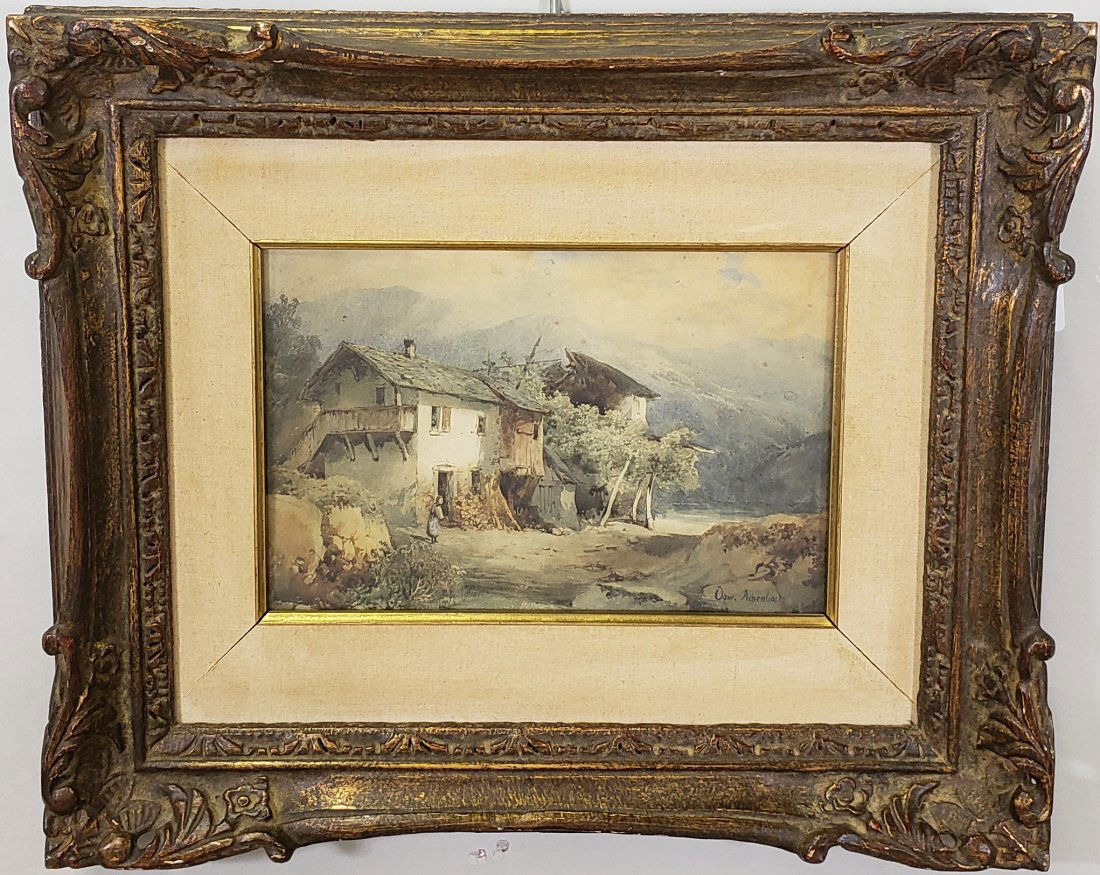 *OSWALD ACHENBACH ORIGINAL WATERCOLOR PAINTING: Oswald Achenbach (1827-1905 German), landscape with house, framed watercolor on paperboard, signed lower right, approximately 7 1/2" x 11", with frame 16" x 19".