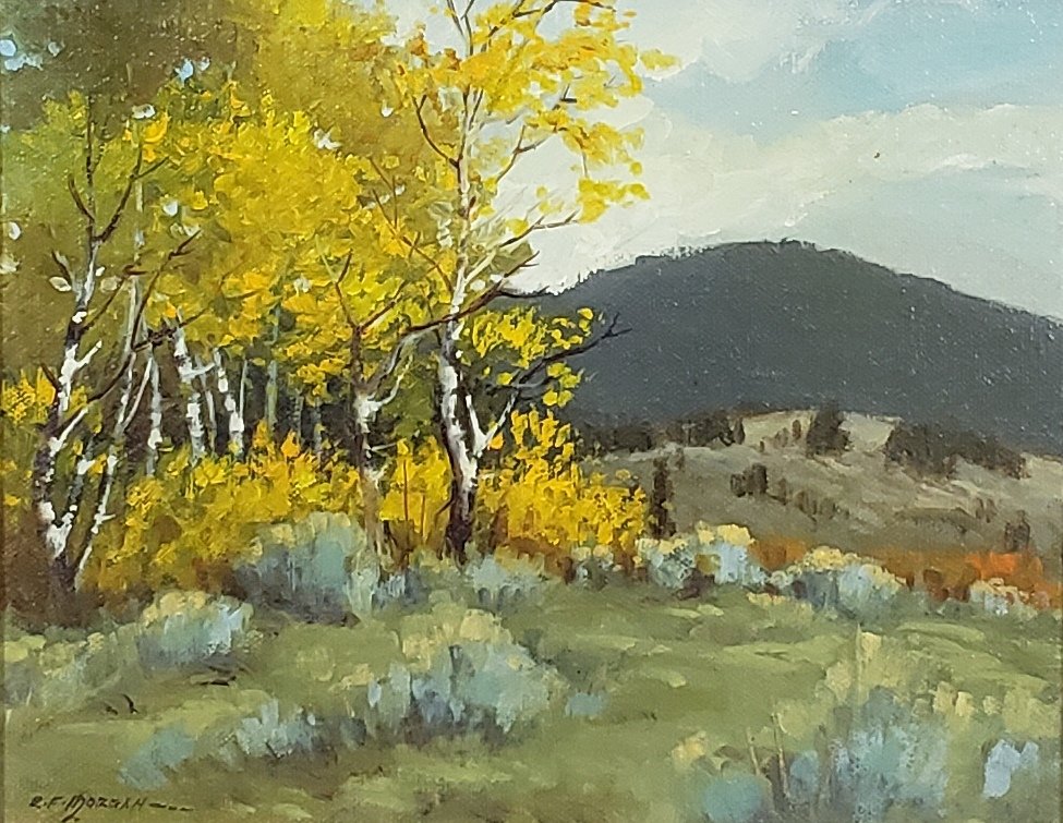 *ROBERT F. MORGAN ORIGINAL OIL PAINTING: Robert F. Morgan (1929-2015 American), "On Location Montana City, October 1978", framed oil on canvas, signed lower left, titled and dated on verso, approximately 8" x 10", with frame 16 1/2" x 18 1/2