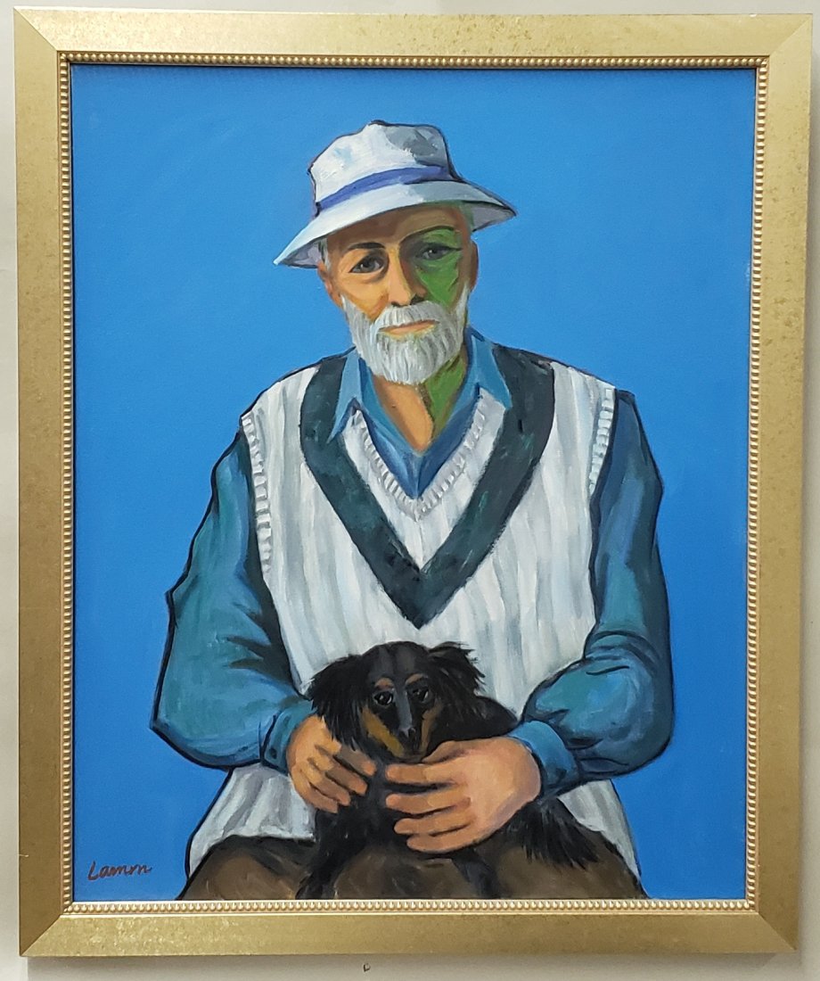 *WILL LAMM ORIGINAL OIL PAINTING: Will Lamm (1917-2006 American), "Self w/ My Dog, Herzi", framed oil on canvas, signed lower left, titled on verso, approximately 32" x 26", with frame 35 3/4" x 29 1/2".