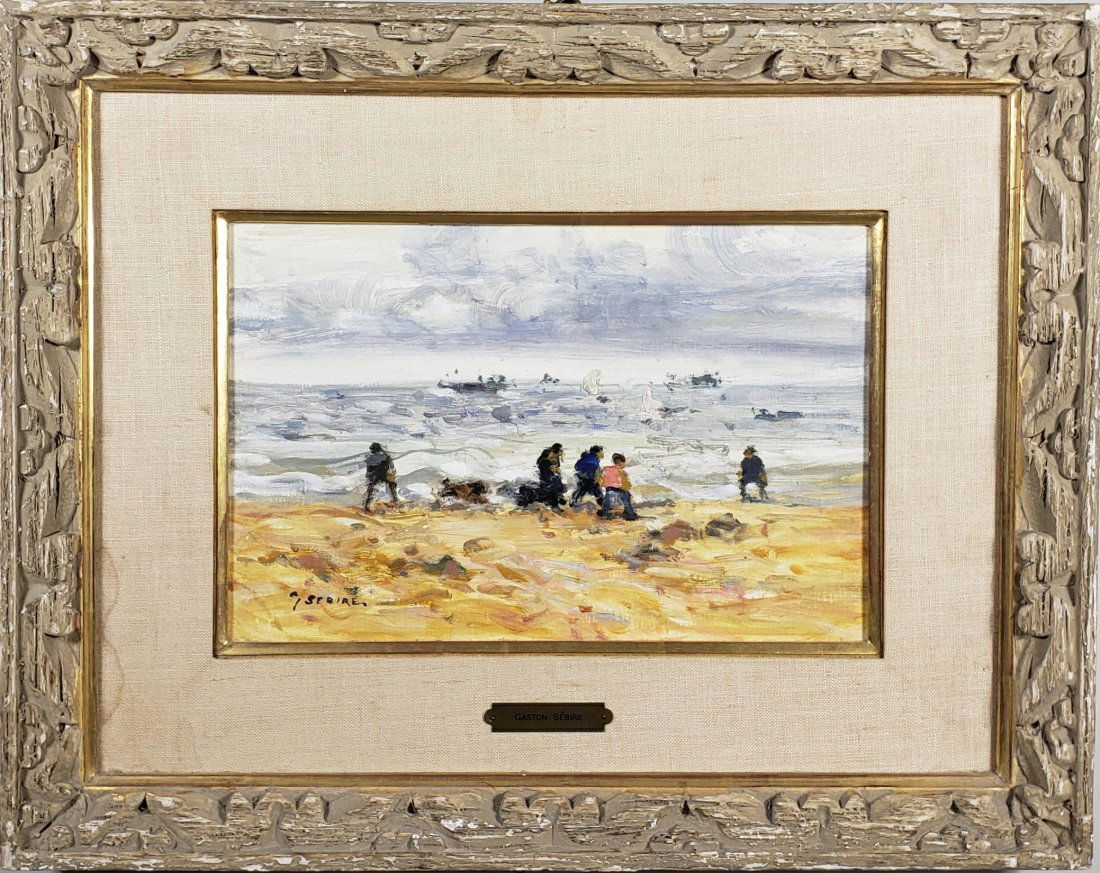 *GASTON SEBIRE ORIGINAL OIL PAINTING: Gaston Sebire (1920-2001 French), figures on shoreline, framed oil on board, signed lower left, approximate site size 8 1/4" x 12 5/8", frame 16 1/2" x 21", from a local Chicago estate.