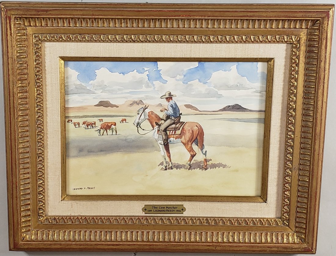 *LEONARD REEDY ORIGINAL WATERCOLOR PAINTING: Leonard Reedy (1899-1956 American), "The Cow Puncher", framed watercolor, signed lower right, approximate site size 8" x 11 3/8", frame 14 1/2" x 18", from a local Chicago estate.