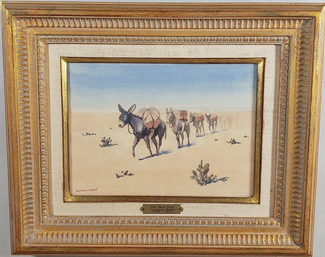 *LEONARD REEDY ORIGINAL WATERCOLOR PAINTING: Leonard Reedy (1899-1956 American), "The Pack Train", framed watercolor, signed lower right, having Findlay Galleries sticker on back, approximate site size 8" x 11", frame 15" x 18", from a local Chi