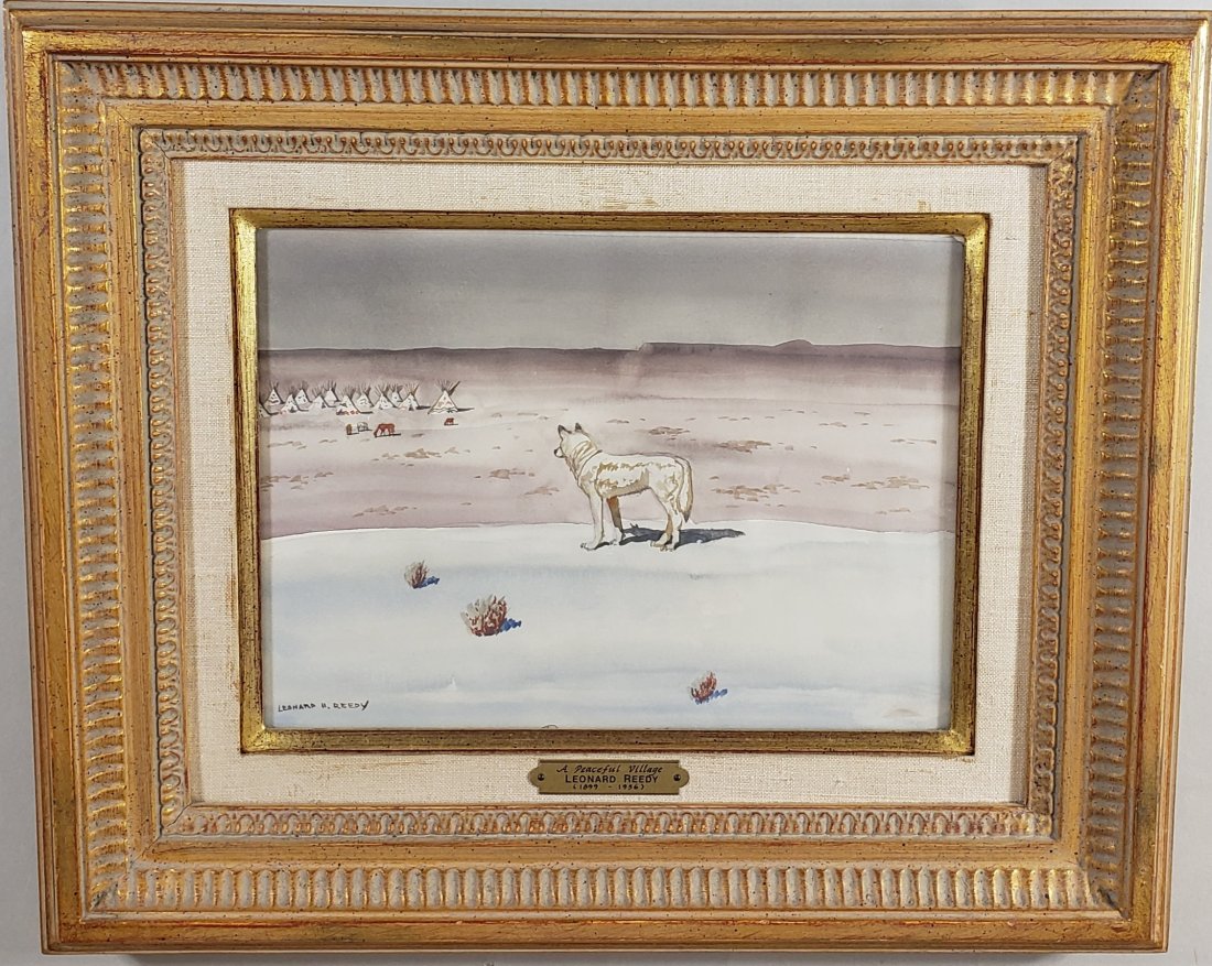 *LEONARD REEDY ORIGINAL WATERCOLOR PAINTING: Leonard Reedy (1899-1956 American), "A Peaceful Village", framed watercolor, signed lower right, having Findlay Galleries sticker on back, approximate site size 8 1/8" x 11", frame 14 7/8" x 18", from