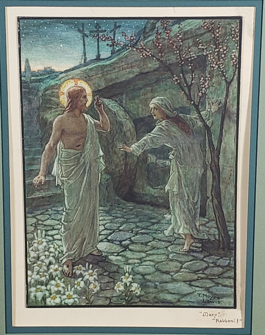 *TOM NOYES LEWIS ORIGINAL WATERCOLOR PAINTING: Tom Noyes Lewis (19th C. English), "Mary Rabboni", framed watercolor, approximately 10 1/2" x 7 1/2", with frame 22" x 16".