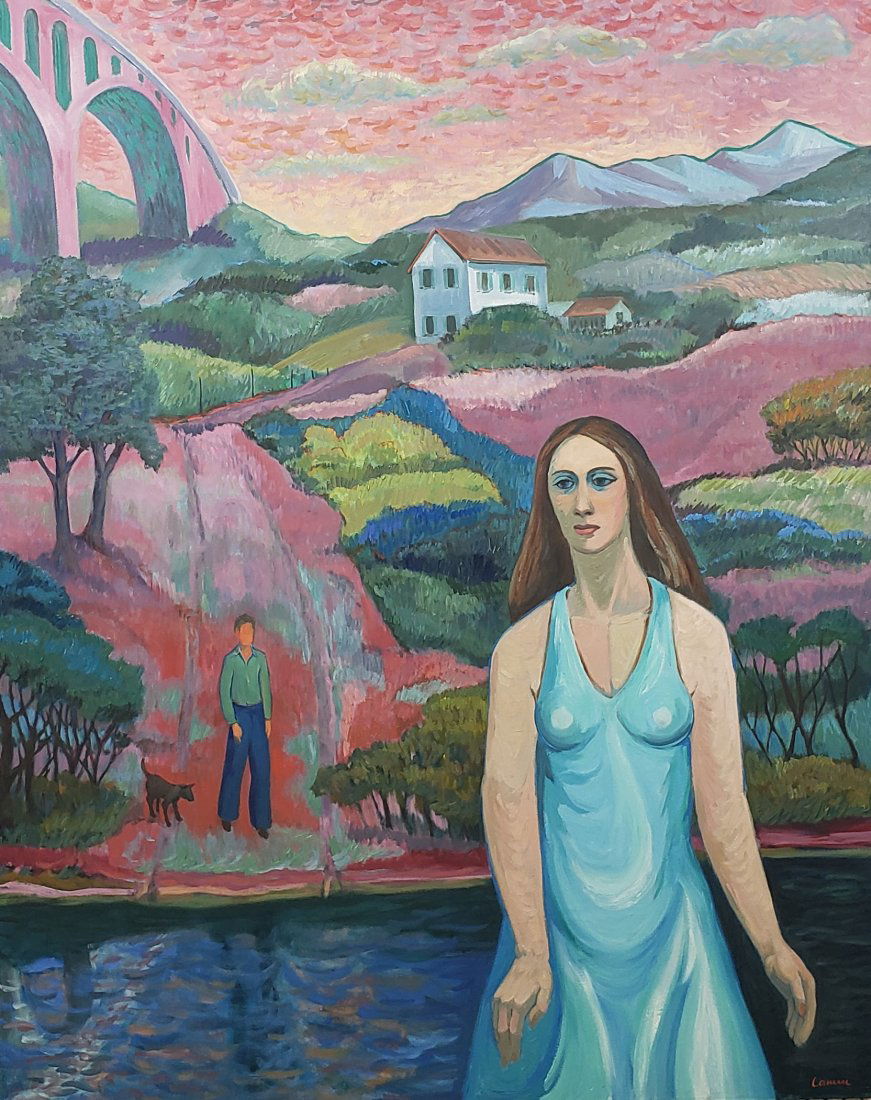 *WILL LAMM ORIGINAL OIL PAINTING: Will Lamm (1917-2006 American), "Pink Bridge", unframed oil on canvas, signed lower right, approximate image size 60" x 48".