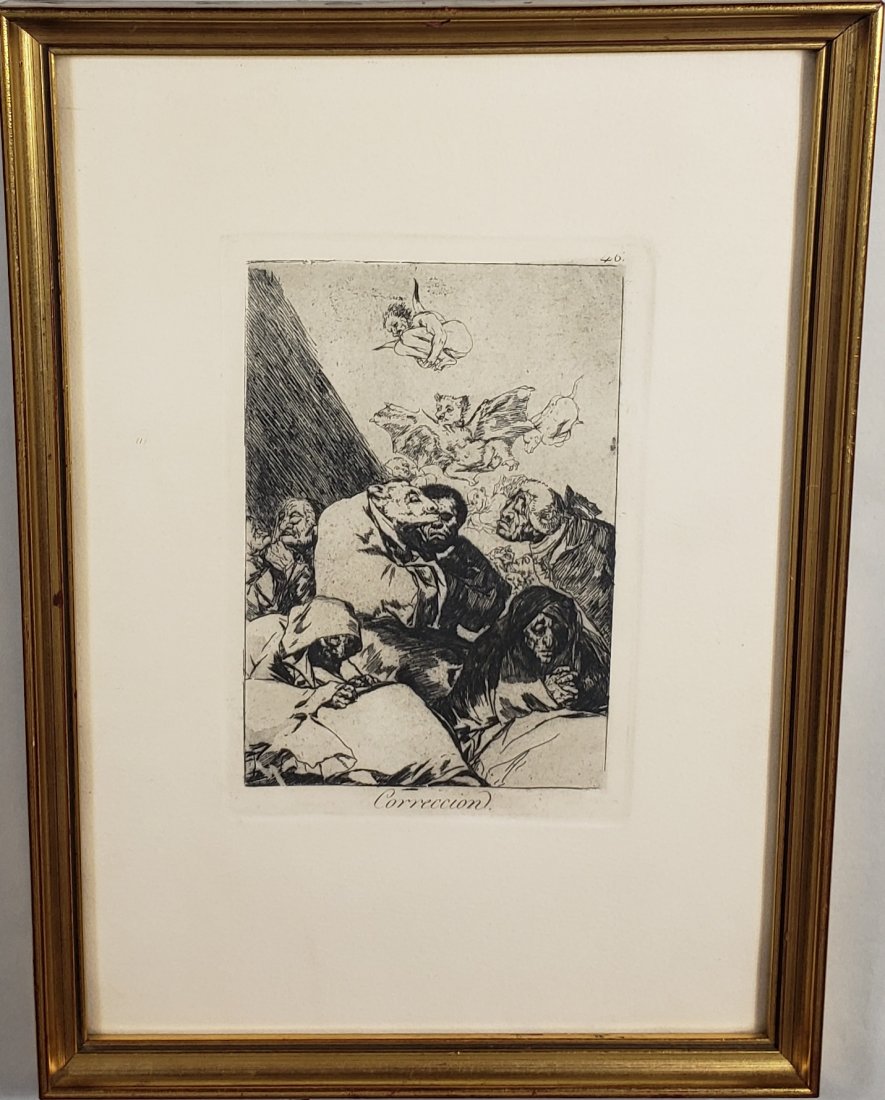*FRANCISCO JOSE DE GOYA IMPRESSION: Francisco Jose de Goya (1746-1828 Spanish), posthumous impression from Los Caprichos (not from first series/edition), "Page 45, Plate 46", originally purchased at the Real Academia de Bellas Artes de 