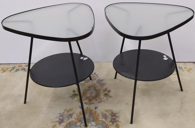 *PAIR OF CONTEMPORARY METAL SIDE TABLES: Having frosted glass top and circular shelf below, approximate height 22", width 19 1/2", depth 18 1/2".