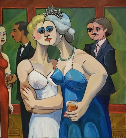 *WILL LAMM ORIGINAL OIL PAINTING: Will Lamm (1917-2006 American), "Dishing Dirt", unframed oil on canvas, signed lower right, titled on verso, approximately 40" x 36".