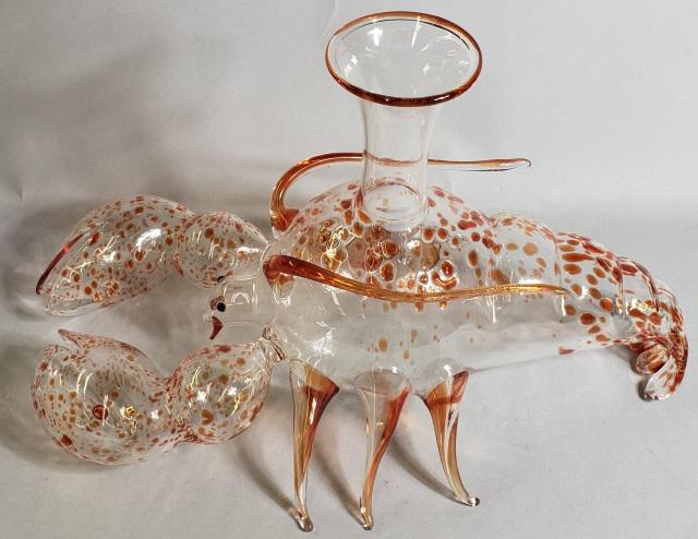 *PINK GLASS FIGURAL CARAFE: Depicting lobster, signed on underside Massimo Lunardon, numbered 35/99, dated 2014, made in Italy, approximate height 9", width 15".