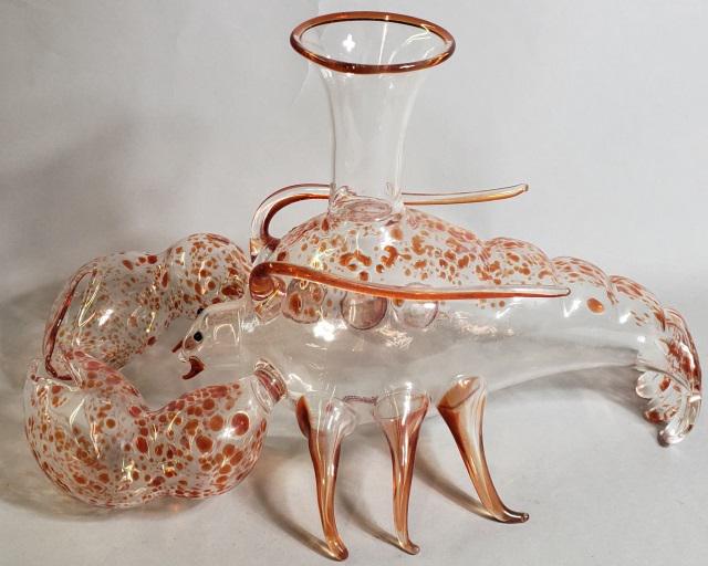 *PINK GLASS FIGURAL CARAFE: Depicting lobster, signed on underside Massimo Lunardon, numbered 36/99, dated 2014, made in Italy, approximate height 8 1/2", width 13".