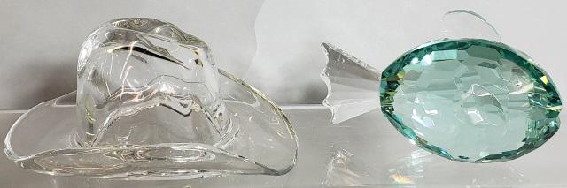 *2 PIECES OF ART GLASS: Swarovski fish and Ralph Lauren cowboy hat.