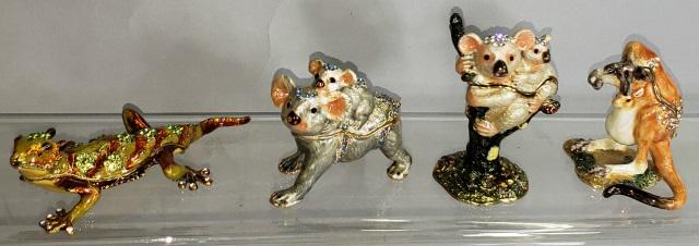 *4 ENAMEL AND JEWELED FIGURAL TRINKET BOXES: 2 koala bears, 1 lizard, and 1 kangaroo, tallest approximately 3 3/8".