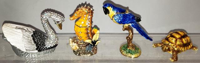 *4 ENAMEL AND JEWELED FIGURAL TRINKET BOXES: Swan, turtle, parrot, and seahorse, tallest approximately 3 1/2".