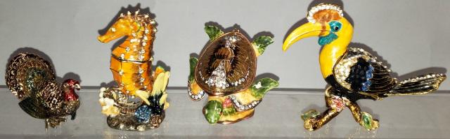 *4 ENAMEL AND JEWELED FIGURAL TRINKET BOXES: Seahorse, turtle, bird, and turkey, tallest approximately 3 3/4".