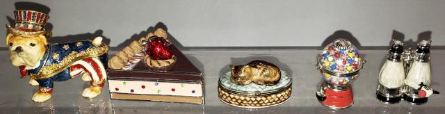 *5 ENAMEL AND JEWELED FIGURAL TRINKET BOXES: Uncle Sam dog, gumball machine, cheesecake, kitten, and binoculars, tallest approximately 2 3/8".