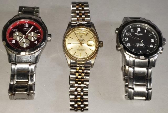 *3 GENTLEMEN'S WATCHES: Reproduction Rolex and 2 Timex.