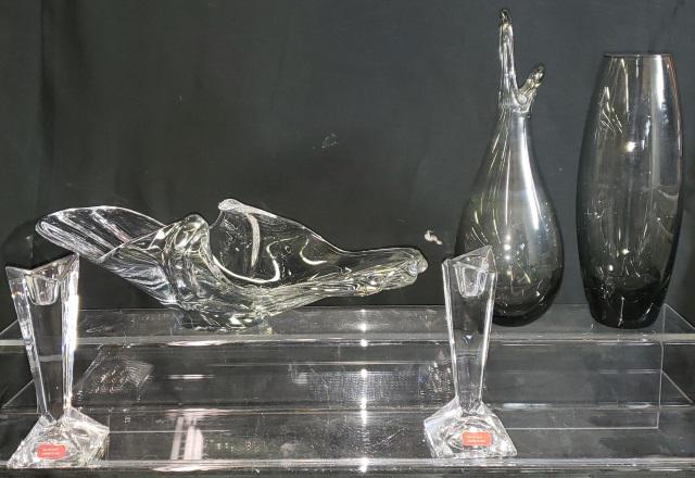 5 PIECES OF ART GLASS: Pair of Orrefors candlesticks with etched bull design, approximate height 5 1/2", oval center bowl, width 15 1/2", and 2 Holmesgaard smoked glass vases, height 10 1/2" and 8 3/4".