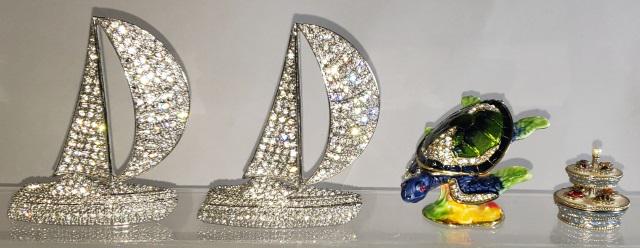 *4 ENAMEL AND JEWELED FIGURAL TRINKET BOXES: 2 sailboats, turtle, and music box, tallest approximately 3 7/8".