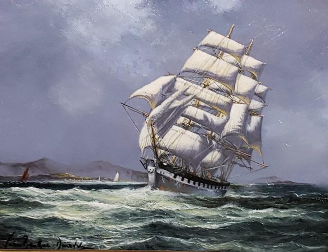 *JOHN BENTHAM DINSDALE ORIGINAL OIL PAINTING: John Bentham Dinsdale (1927-2008 English), schooner in open waters, framed oil on wood panel, signed lower left, approximately 8" x 10", with frame 13" x 15".