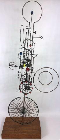 *JOSEPH BURLINI ORIGINAL KINETIC SCULPTURE: Joseph Burlini (20th C. American), abstract, sculpture mounted to base, signed and dated 1970 on base, approximate height 43", width 18", depth 7 3/4".