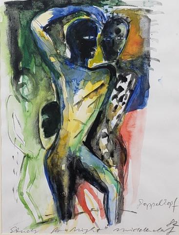 *HELMUT MIDDENDORF ORIGINAL WATERCOLOR PAINTING: Helmut Middendorf (1953- German), "Doppel Dopf", framed watercolor, signed and dated 1982 lower right, approximately 15" x 11", with frame 22" x 18".