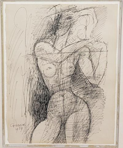 *MARCEL GROMAIRE ORIGINAL PEN AND INK DRAWING: Marcel Gromaire (1892-1971 French), nude, framed pen and ink drawing, signed and dated 1959 lower left, approximately 12 3/4" x 9 1/2", with frame 19 3/4" x 16 1/4".