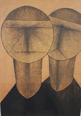 *TOMIO KINOSHITU ORIGINAL WOODBLOCK PRINT: Tomio Kinoshitu (1923-2014 Japanese), "Big Boys", framed woodblock print, signed lower right, numbered from edition of 50 lower left, dated 1958, has Collections label on verso, approximately 32 1/4" 