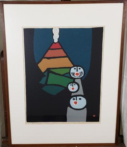 *UMETARO AZECHI ORIGINAL WOODBLOCK PRINT: Azguhi (1902- Japanese), faces with volcano, framed colored woodblock print, signed lower right, numbered from edition of 150 bottom center, approximately 15 1/4" x 20 1/4", frame 22 3/4" x 30".
