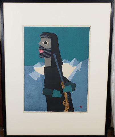 *UMETARO AZECHI ORIGINAL WOODBLOCK PRINT: Azechi (1902- Japanese), figure, framed woodblock print, signed in pencil bottom center, numbered from edition of 50 lower right, approximately 17 1/2" x 13", with frame 28 3/4" x 21 3/4".