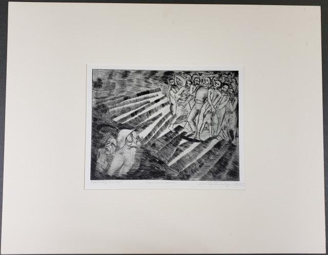 *LEA GRUNDIG ORIGINAL ETCHING: (1906-1977 German), "Kauft Gasmasken", unframed etching on paper, signed and dated 1935 lower right, titled lower center, numbered 55/60 (series title) Krieg Droht lower left, has a faint collection s