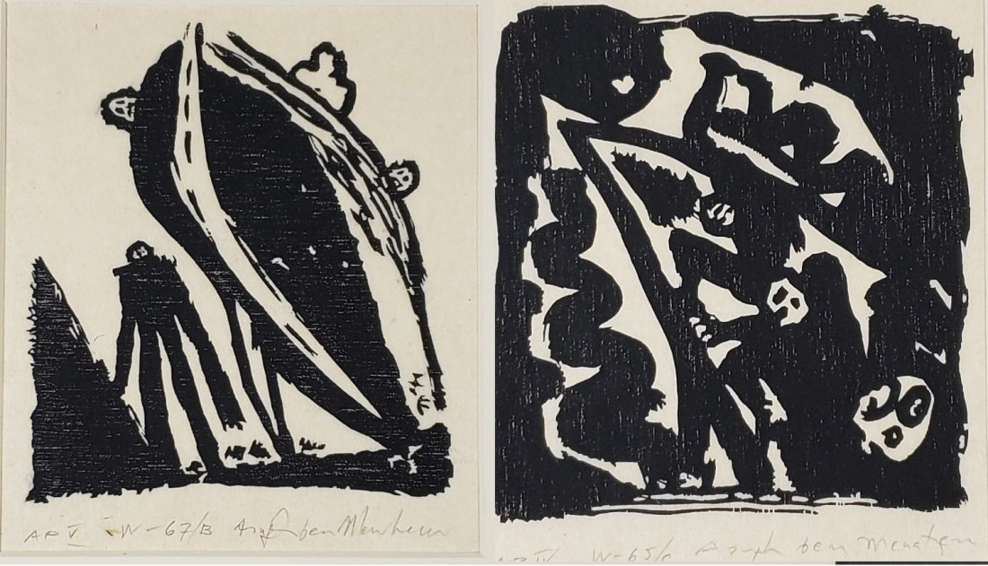 *2 ASAPH BEN MENAHEM ORIGINAL WOODBLOCK PRINTS: Asaph Ben Menahem (1940- Israeli), 2 unframed woodblock prints, 1 depicting ship and 1 depicting abstracted figures, both signed lower margin, both approximately 7" x 6".