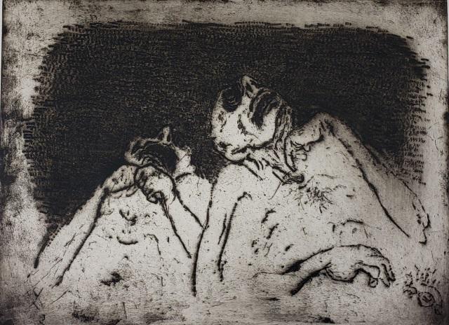*ANTON ZORAN MUSIC ORIGINAL ETCHING: Anton Zoran Music (1909-2005 Italian), figures, unframed and matted etching, signed lower right, numbered from edition of 35 lower left, approximately 13 3/4" x 18 1/2", total paper size 22 1/4" x 29"