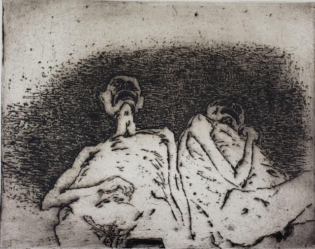 *ANTON ZORAN MUSIC ORIGINAL ETCHING: Anton Zoran Music (1909-2005 Italian), figures, unframed etching, signed in pencil lower right, numbered from edition of 36 lower left, approximately 13 5/8" x 17 1/4", total paper size 22 1/2" x 29".