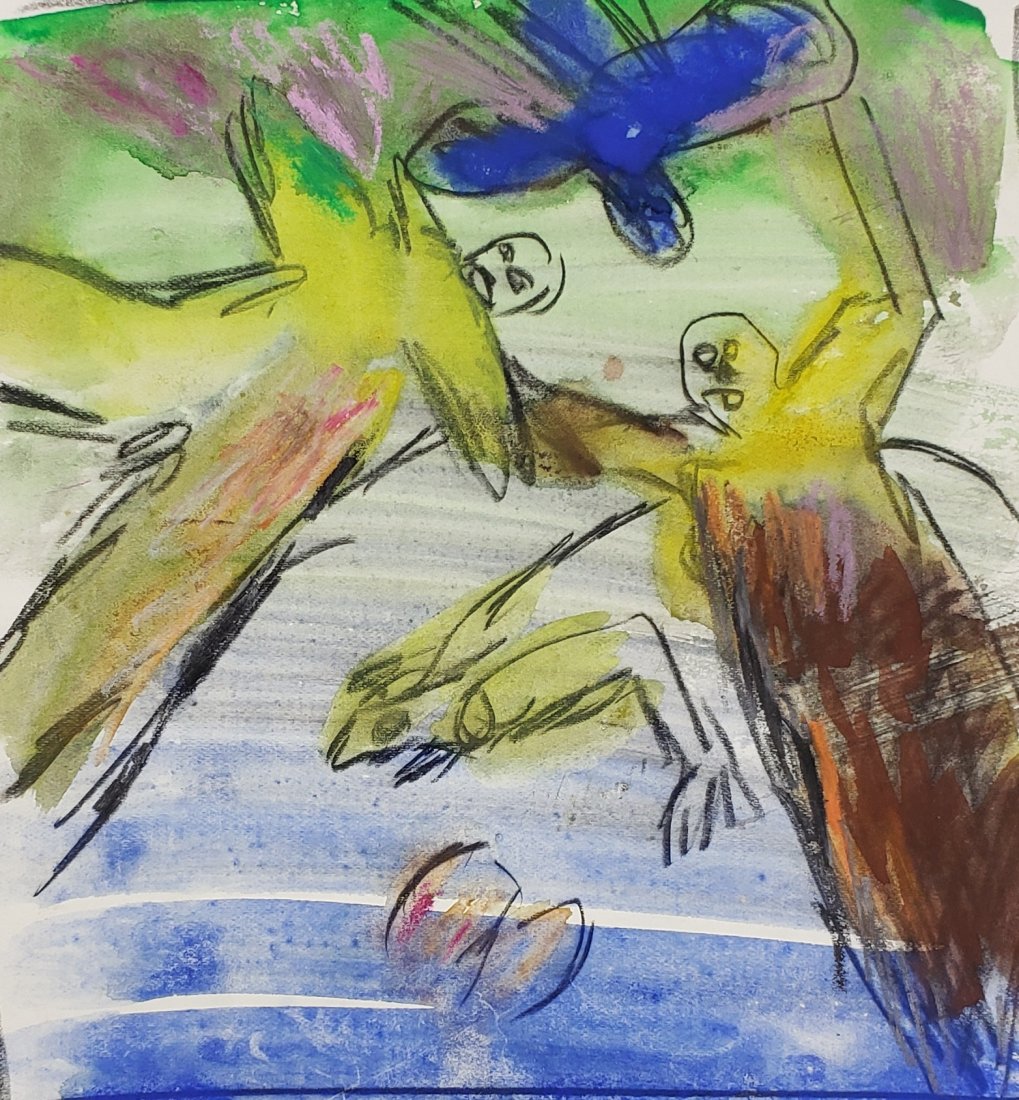 *ASAPH BEN MENAHEM ORIGINAL WATERCOLOR PAINTING: Asaph Ben Menahem (1940- Israeli), figures, unframed watercolor, signed and dated 1986 lower margin, approximately 8 3/4" x 6 3/4".