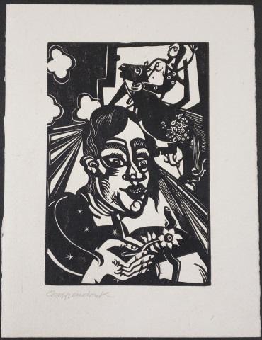*HEINRICH CAMPENDONK: (1889-1959 German), "Frau Mit Blume", (woman with flowers, 1918, woodcut on cream white paper, from the publication Das Holzchnittbuch, the book of woodcut, by Paul Westheim, published in 1921, unnumb