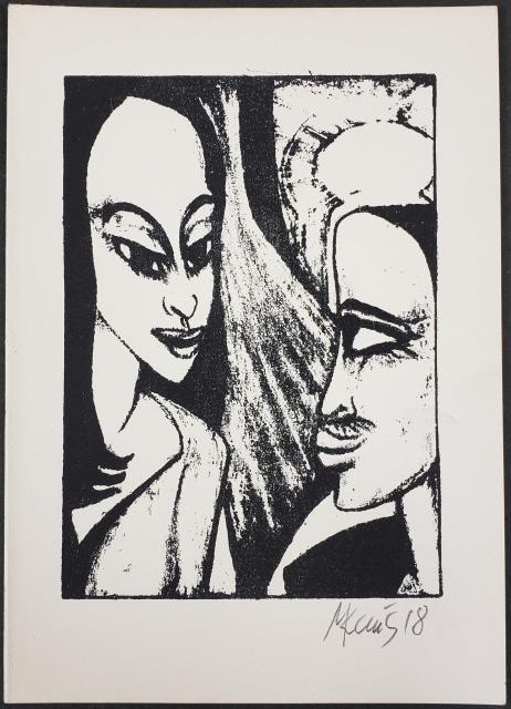 *MAX KAUS: (1891-1977 German), Couple, unframed block print on paper, signed and dated 1918 lower right corner, image size 7 1/4" x 5 1/8", paper size 9 1/2" x 6 3/4".
