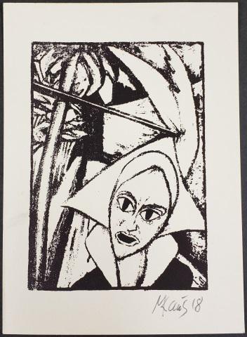 *MAX KAUS: (1891-1977 German), Woman, unframed block print on paper, signed and dated 1918 lower right corner, image size 7" x 5 1/8", paper size 9 1/2" x 6 3/4".