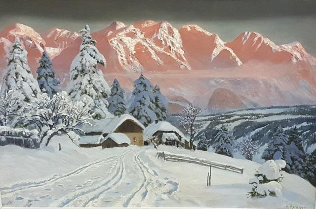 ARNEGGER, ALOIS: (1879-1967 Austrian) Winter landscape with cottages, framed oil on canvas, signed lower right, approximate work size 24" x 36", frame 31" x 43".