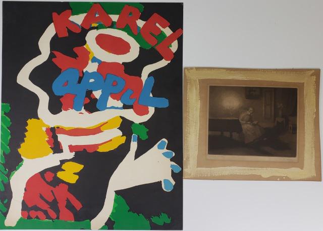 *2 UNFRAMED WORKS: Karel Appel colored lithograph depicting abstract figure, approximately 28 3/8" x 22 3/4", and etching by Ernst Hallgren depicting young girl by candlelight, 9" x 11", total board size 14" x 17".